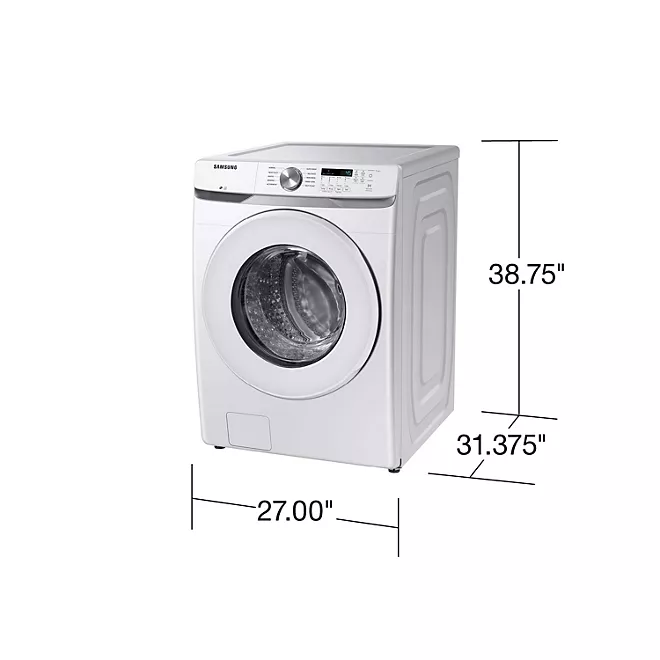 Samsung WF45R6300AW Front-Load Washer Dryer Review, Specifications & User Manual (White) 1 Samsung front-load washer WF45R6300AW with dimensions: width 27", height 38.7", depth 31.3
