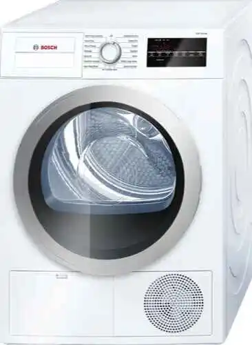 Download Free Bosch 500 Series User & Care Manual: Specifications and Installation Instructions 1 Bosch 500 Series WTG86401UC electric condenser dryer – front-load design, LED display, stainless steel drum, 7.7 kg capacity, energy-efficient model.
