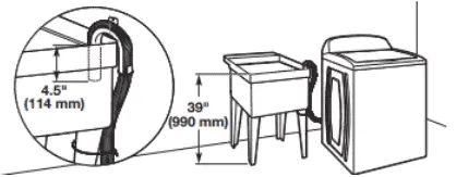Whirlpool WTW4855HW Washing Machine: Manual and Drain System Guide 3 Laundry tub drain setup showing minimum capacity and correct installation height for efficient Whirlpool washer drainage.