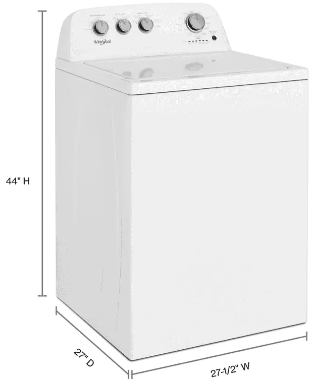 Download Whirlpool WTW5025SW Top-Load Washer Owner's Manual and Specifications 1 Whirlpool top-load washer dimensions view.