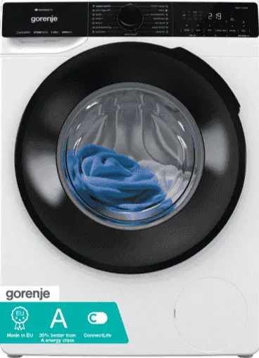 Gorenje Washing Machine: User Manual & Troubleshooting 1 Front view of a modern Gorenje washing machine with digital control panel and stainless steel drum.