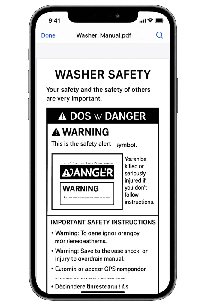 iPhone 16 showing Washer Manual PDF with washer safety instructions, warning, and danger alerts for users.