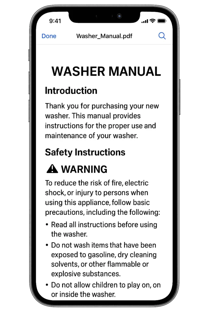 iPhone 15 showing Washer Manual PDF with washer safety instructions, warning, and danger alerts for users.
