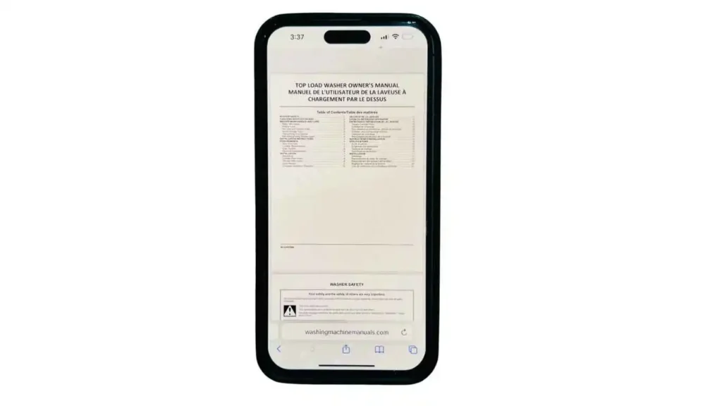 Washing Machine Manuals PDF View Easily on iPhones 1 iPhone 15 showing Washer Manual PDF with washer safety instructions, warning, and danger alerts for users.