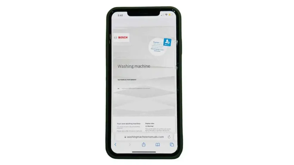 Washing Machine Manuals PDF View Easily on iPhones 5 iPhone - X Max showing Washer Manual PDF with washer safety instructions, warning, and danger alerts for users.